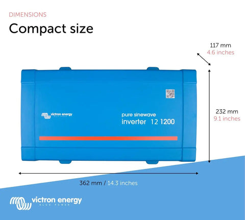 12V DC To 120V AC Pure Sine Wave Inverter 1200VA with NEMA 5 15R, 800W continuous, compact blue design with dimensions shown.
