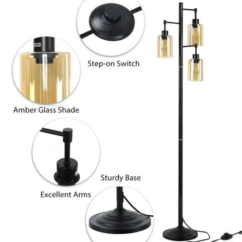 Industrial Tree Floor Lamp With 3 Amber Glass Shades Rustic Tall Standing LED Lamp For Living Room Bedroom Or Office Warm 360 Degree Lighting E26 Base Bulbs Included 67 Inches Tall