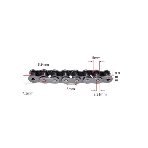 Heavy Duty 05B Reinforced Roller Chain With 2.5 Point Pitch And 8mm Spacing showing dimensions for precise fitting.