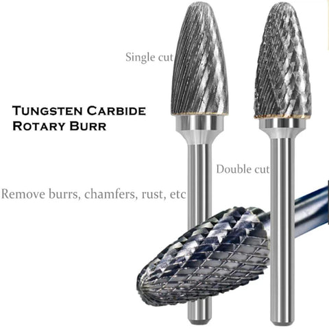 Two Amazon KangTeer carbide burrs, 9/16 in head, 1/4 in shank, tree-shaped double-cut rotary bits for die grinder