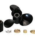 12 3/4 Inch Aluminum Outboard Propeller 21 Pitch 3 Blade 15 Spline Right Hand Rotation Compatible With Mercury Outboard Engines 40 HP To 140 HP Permanent Hub Washer Included Beefed Up For Smoother Faster Acceleration, showing the propeller and components