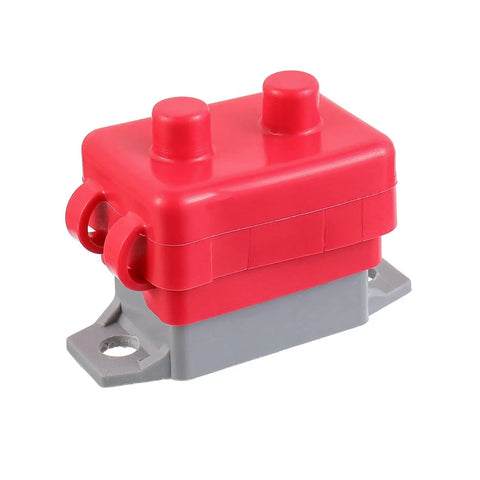 Built Tough 50A Automatic Reset Circuit Breaker Set For Cars Trucks And Battery Chargers, red and gray housing, compact design.