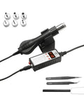 Portable Hot Air Rework Station For SMD Desoldering, Digital Heat Gun with nozzles, tweezers, and control unit visible