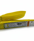 Heavy Duty Flat Eye To Eye Polyester Web Sling 1 Inch Wide By 2 Foot Long For Lifting And Rigging, yellow with label visible.