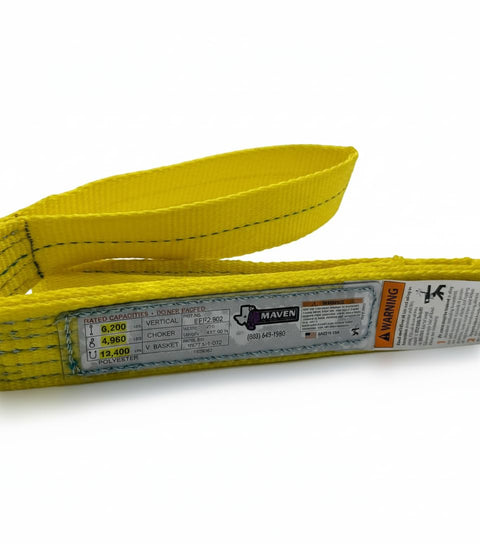 Heavy Duty Flat Eye To Eye Polyester Web Sling 1 Inch Wide By 2 Foot Long For Lifting And Rigging, yellow with label visible.