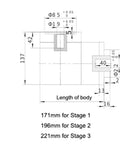 Technical drawing of the 110mm Planetary Gearbox With 90 Degree Right Angle Hole Output Mount compatible with BLDC motors.
