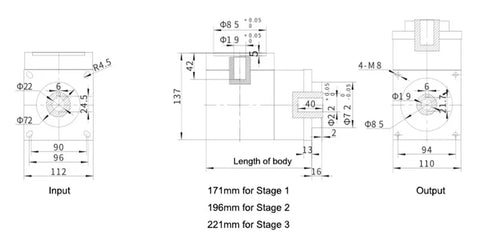 Technical drawing of the 110mm Planetary Gearbox With 90 Degree Right Angle Hole Output Mount compatible with BLDC motors.