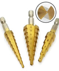 3 Piece Pagoda HSS Titanium Plated Step Drill Bit Set For Metal And Wood Aluminum Stainless Steel Plastic Reaming Cone Bits With Six Point Three Five Millimeter Hex Shank Dope Heavy Duty Tool Kit With Storage Case