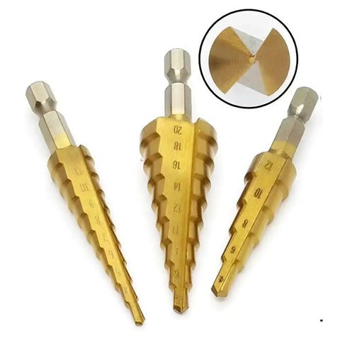 3 Piece Pagoda HSS Titanium Plated Step Drill Bit Set For Metal And Wood Aluminum Stainless Steel Plastic Reaming Cone Bits With Six Point Three Five Millimeter Hex Shank Dope Heavy Duty Tool Kit With Storage Case