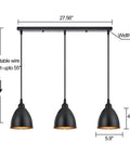 Three Light Kitchen Island Pendant Fixture For That Dope Industrial Farmhouse Vibe With Matte Black Metal Bell Shade And Golden Accents