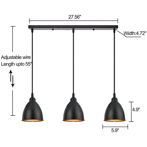Three Light Kitchen Island Pendant Fixture For That Dope Industrial Farmhouse Vibe With Matte Black Metal Bell Shade And Golden Accents