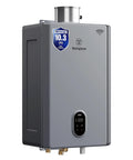 Heavy Hitter Natural Gas Tankless Water Heater With Built In Smart Wifi For Zero Wait Endless Hot Water Up To 92 Gpm, grey body.
