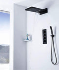 Slick Matte Black Wall Mounted Bathroom Shower Set with Solid Copper Body Constant Temperature Thermostatic Control and Smooth Waterfall Rainfall Head.