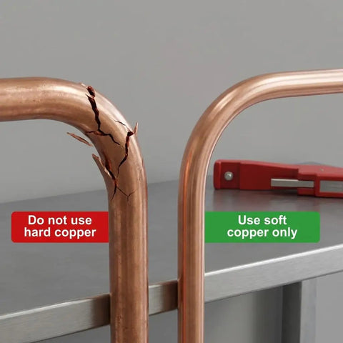 QWORK Tube Bender Kit For Soft Copper And Aluminum Pipes Ratchet Style Bending Tool 1/4 To 7/8 Inch, showcasing cracked hard copper versus smooth soft copper.