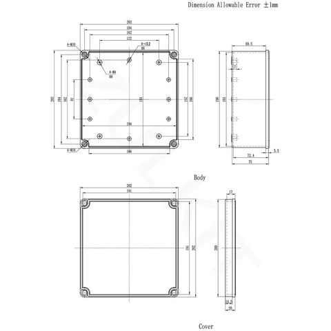 Technical drawing of IP67 Waterproof Junction Box In Tough ABS Plastic, Dustproof Outdoor Indoor Electrical Project Enclosure.