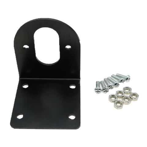 Two black metal motor mount brackets with screws and nuts; 47x41x40mm for DC motors and drill holders