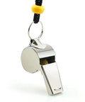Close-up of stainless steel sports whistle with lanyard, part of 2 Pack Stainless Steel Sports Whistles With Lanyards For Coaches Referees And Officials Loud Crisp Sound Reaches Up To 120dB Perfect For Training Games Lifeguards And Field Officials