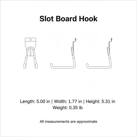 Heavy Duty Square Hole Pegboard Hook, Black Carbon Steel Slot Board Hook For Garage And Workshop Organization, dimensions listed