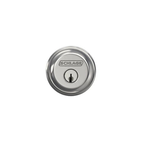 Close-up of B60N625 Deadbolt With Exterior Keyed Lock And Interior Thumb Turn ANSI Grade 1 Security Maximum Kick In Resistance Bright Chrome Finish