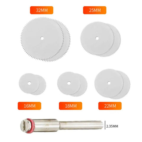 11 Piece Mini HSS Circular Saw Blade Set For Rotary Tools With Mandrel Stainless Steel Cutting Discs sizes 16-32mm