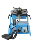Top Shelf Heavy Duty Welding Positioner With Slick 360 Degrees Rotary Turntable And Variable Control 0 To 90 Degree Tilt Plus Foot Pedal and Chuck for Pro Pipe and Welding, blue frame with chuck and control panel.
