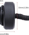 Black Scubas DIN Tank Valve Dust Cover With Cord End Cap Regulator Port Protector for diving, side view with dimensions.