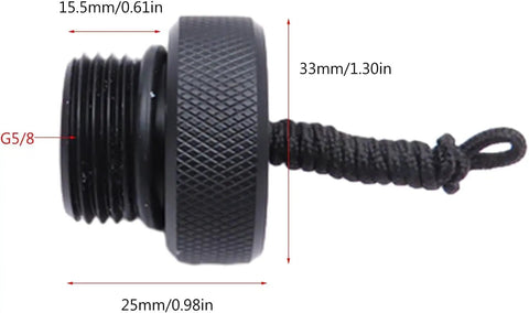 Black Scubas DIN Tank Valve Dust Cover With Cord End Cap Regulator Port Protector for diving, side view with dimensions.