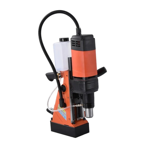 Rock Solid Magnetic Base Drill And Tapper With 1100 Watt Motor, 10 To 35 Mm Range, close-up showing tilting motor shield and adjustable rails.