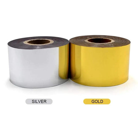 Gold And Silver Hot Stamping Foil Paper Rolls 1.5 Inch By 400 Feet for Leather Bronzing Machines and DIY Projects side by side