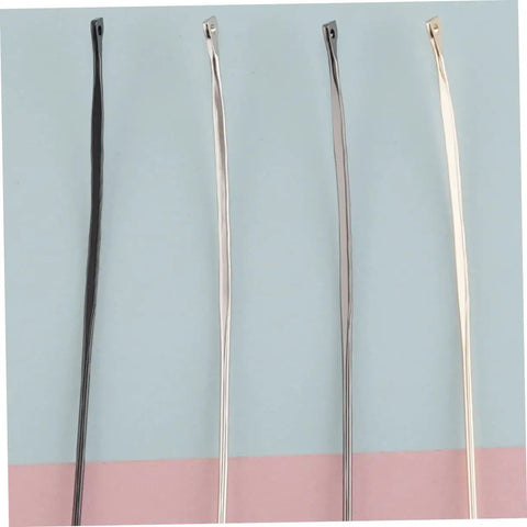 Four metal eyeglass frame temple arms on a pastel background, part of Replacement Metal Eyeglass Frame Temples and Sunglasses Arms Kit.