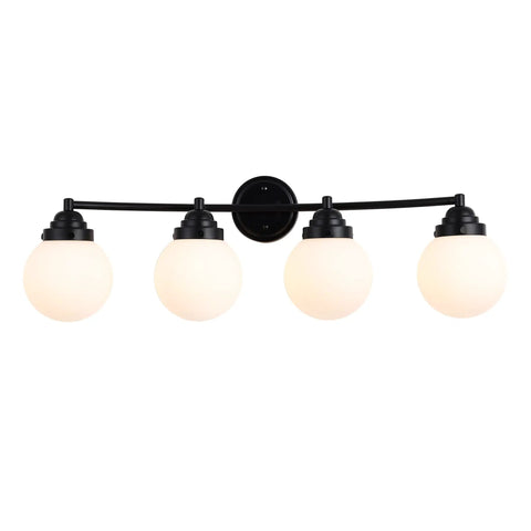 Matte Black Four Light Bathroom Vanity Fixture With Frosted Globe Glass Mid Century Modern Up Down Mount Over Mirror Lighting