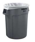 Gray Brute container fitted with 44 to 55 Gallon Trash Bags, 200 Count, Tough As Nails Clear Liners That Conform To Brute 44G Vented Containers.