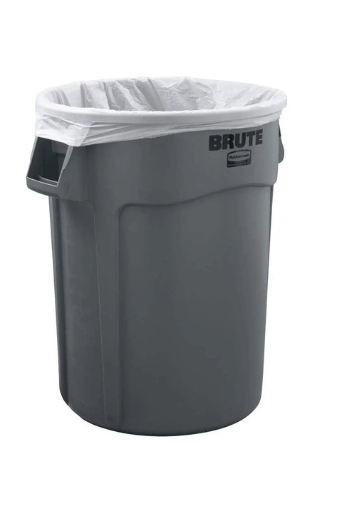 Gray Brute container fitted with 44 to 55 Gallon Trash Bags, 200 Count, Tough As Nails Clear Liners That Conform To Brute 44G Vented Containers.