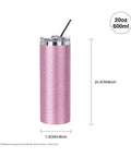 4 Pack 20 Oz Glitter Pink Sublimation Tumblers Skinny With Straws Ready For Custom Designs, side view with dimensions