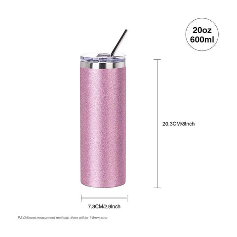 4 Pack 20 Oz Glitter Pink Sublimation Tumblers Skinny With Straws Ready For Custom Designs, side view with dimensions