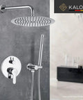 Shower System With Tub Spout And Wall Mount Chrome Finish, Rainfall Showerhead Plus Handheld Spray in modern bathroom setup
