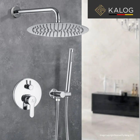 Shower System With Tub Spout And Wall Mount Chrome Finish, Rainfall Showerhead Plus Handheld Spray in modern bathroom setup