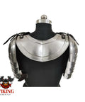 Back view of Gothic Steel Gorget With Pauldrons Shoulder Guard Set For LARP And SCA Knights, silver armor on mannequin torso.