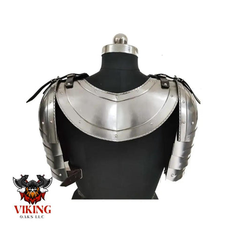Back view of Gothic Steel Gorget With Pauldrons Shoulder Guard Set For LARP And SCA Knights, silver armor on mannequin torso.