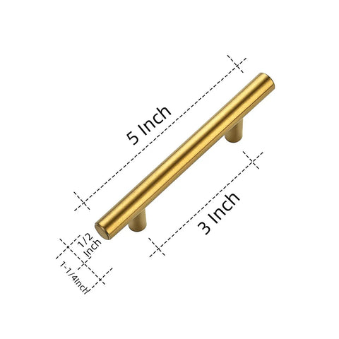 Brushed Brass Cabinet Pulls Set 60 Pack 5 Inch Stainless Steel Kitchen Drawer Handles 3 Inch Center To Center Durable Hardware For Cabinets Easy Install Modern Look showcasing dimensions.