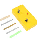 Conductivity experiment kit for high school physics with yellow plastic base and various metal strips, boosts lab game.