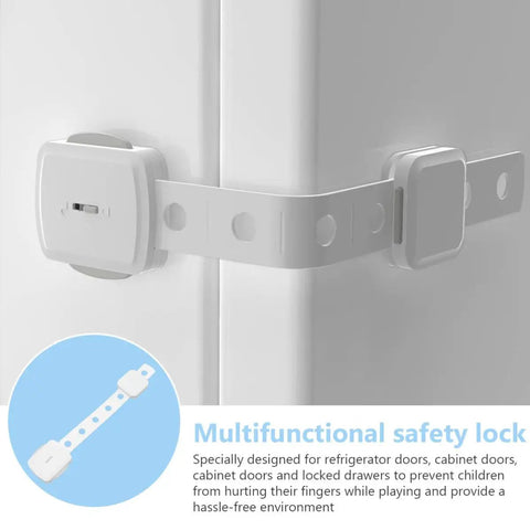 Five Pack Kids Safety Locks For Refrigerator And Cabinets No Glue Design Plastic Childproof Latches on a fridge corner
