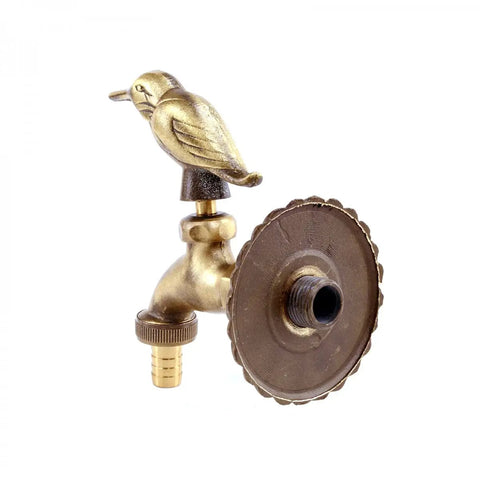 Outdoor Brass Garden Faucet With Bird Shaped Bibcock, 4.5 Inch Spigot, Decorative Antique Finish, Three Quarter Inch Hose Thread