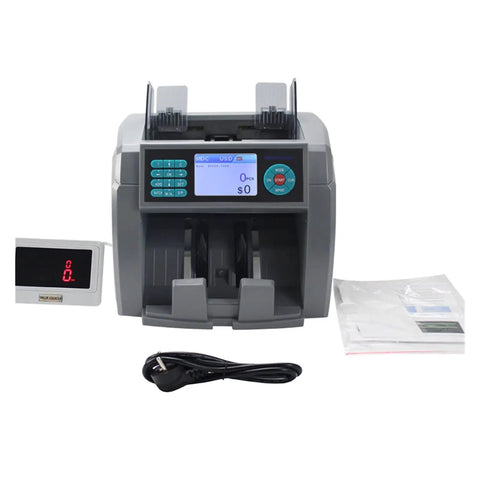 Top Shelf Multi Currency Money Counter Machine With Plug And Play Operation, featuring buttons and display for easy operation.