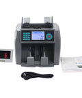 RealDeal BossLevel HeavyDuty Money Counter Machine With Smart Counterfeit Detector, displaying front panel, currency input slots, and accompanying power cord.