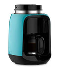 Hassle Free Mini Coffee Maker With Built In Bean Grinder And Glass Carafe, Solid Six Cup Drip Brewer in teal color.