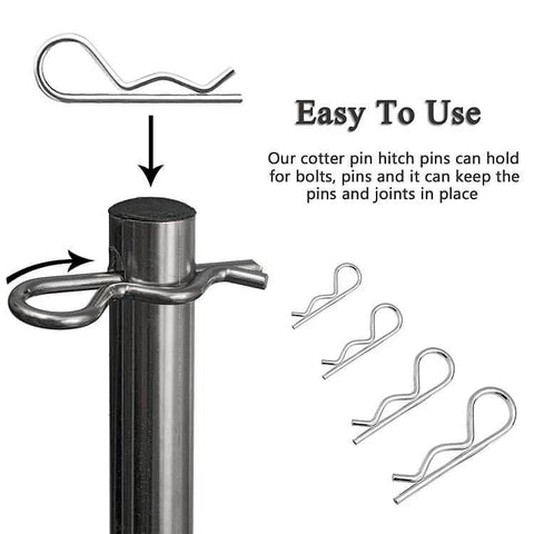 Beefy Adjustable Clevis Pin Kit For Trailers And Heavy Equipment Seven Sixteenths By Two And A Half Inch Zinc Steel Pins With Eight Holes And R Clip Four Sets Easy Length Adjustments Works Great With Cotter Pins And Hitch Pins shown with R clips and installation