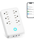 Smart Power Strip With 6 Outlets And 3 USB Ports, WiFi Surge Protector Works With Alexa And Google Home next to phone app