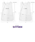 White aprons labeled Regular and X-Large with measurements and SIVVAN logo. Unisex Cobbler Aprons 3 Pack Black Durable Work Apron With Deep Front Pockets Self Trim Binding Classic Fit 27.5 Inches Long Perfect For Kitchen Workshop And Craft Projects