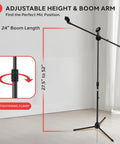 Pair Of Universal Adjustable Tripod Microphone Stands Heavy Duty Lightweight Stage Studio Boom Mic Holders With Carry Bag Five Eighths Inch Adapter Kit, showing adjustable height and boom arm.